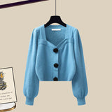 Knit Sets Womens Outfits French Vintage Square Collar Knitted Sweater And Wide Leg Pants Two Pieces Sets Office Lady
