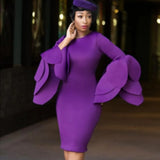 Fongt Temperament Style Dress Personality Petal Sleeve Round Neck-Waisted Dress Dress
