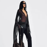 Black Mesh Low Cut Long Sleeve Mini Dress Beach Cover-Outfit