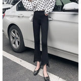 Fongt Fork Micro Bell Pants Female Irregular Edge Nine Pants Autumn New High Waist Show Thin Eight Pants Elastic Pants-Outfit