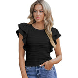 Fongt Texture Lotus Side Short-Sleeved T-Shirt Women 2025 Casual Round Collar T-Shirt Women