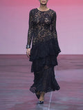 Fashion Sexy Style Dress Woman 2025 Spring New Round Lace Long-Sleeved Skirt Perspective Senior Long