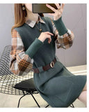 Fongt And Elegant Suit Fake Two Long Waist Dress Plaid Shirt Sweater Knit Two Set Inside-Outfit