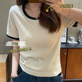 Color Threaded Round Collar Short-Sleeved T-Shirt Women's New Slim And Unique Chic Blouse In Spring And