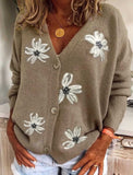 Fongt Spring And Autumn New Women Long Sleeve Cardigan Embroidered V-Neck Knit Sweater
