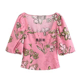 Fongt Summer New Women's Collar Bubble Sleeve Short Linen-Blend Print Top