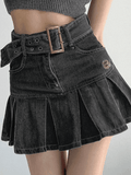 Buckle Belt Pleated Denim Mini Skirt-Outfit
