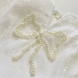 White Cream Sequin Pearl Bow Puff Skirt Mini Dress-Outfit