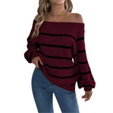Shooting 2025 Autumn And Winter Casual Striped Out-The-Shoulder Lantern Sleeve Head Sweater Women's
