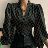 Fongt Explosion Spring New Temperament Button V-Neck Lantern Sleeve