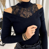 Shoulder Turtleneck Tee Casual Ladies