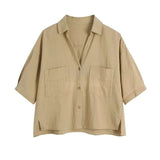 Women Fashion With Pockets Loose Cropped Blouses Vintage Short Sleeve Button-up Female Shirts Blusas Chic