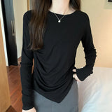T-Shirt With Round Neck And Shoulder For Women In Autumn, The New Irregular Bottom Has A Niche Coat With A Sense Of Design.-Outfit