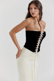 Black Lace Up Tube Top And White Satin Midi Skirt Set-Outfit