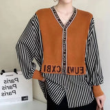 Striped Patchwork Letter Blouse Fake Two Pieces Spring Autumn Elegant V-Neck Single-breasted Female Clothing Loose Shirt-Outfit