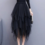 Fashion Mesh Irregular Cupcake Patchwork Midi Skirt 2023 Korean Casual Commute All-match Elastic High Waist A-Line Skirt-Outfit