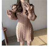 Fongt Chic Autumn Tenderness V-Necked Knitted Dress Design Slim Skinny Long Sleeves A-Shaped Knitted