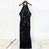 Fongt Fashion Heavy Industry Three-Dimensional Nails Studded Elastic Hanging Neck Long Dress Dress Dress