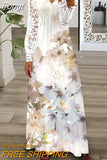Patchwork Hollow Out Summer Long Sleeve Dress Sexy Lady Beach Lace White Dress Women Slim V Neck Solid Long Dress