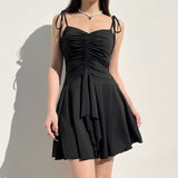 Wind Pure Color Pleated Condole Belt Dress Female 2024 Summer Low Collar Slim Milk Silk New Short Skirt-Outfit