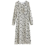 Round Collar Full Regular Sleeve Dress waist Mid-Calf Floral Dress Office Lady Suspender Skirt Spring Long
