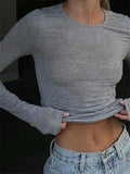 Backless Hollow Out Short T-Shirts Women Fall Spring Long Sleeve Round-Neck Slim Fit Tees Shirts Plain Pullovers Tops-Outfit