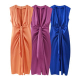 Fongt Women's Explosive Vertecker V-Neck Wrinkled Sleeveless Dress