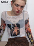 Dark See Through Mesh Sexy Gothic Aesthetic T-shirts Y2k Punk Vintage Print Bodycon Crop Tops Women Summer 90s