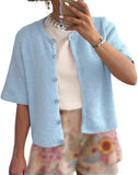 Fongt Women's New Short-Sleeved Knit Cardigan Solid Color Half Open Collar Button Sweater Women's Women's Casual