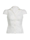 Short Sleeve V-Neck Plain Ruched Shirt-Outfit