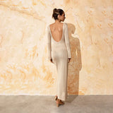 Fongt V-Neck Sexy Long Knit Dress Ring Open Back Long-Sleeved Wool Dress-Outfit