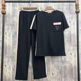Summer Women's Solid Color Pit Strip Love Embroidery Set Collision Color Pajamas Set Home Clothes-Outfit