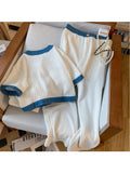 Fashion Casual Two-piece Set Women Summer Short Sleeve O-neck Single Breasted Top + White Trousers Sets Pants
