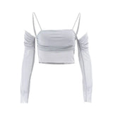 Fongt Spring 2023 Women's Fashion Sexy One-Line Collar Sling Perspective Mesh Long Sleeve