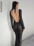 Sexy Backless Sequins Maxi Dress For Women Black Long Sleeve Solid Elegant Dress Women Spring Slim Party Evening