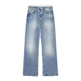 Fongt Women's INS Burst Retro Fashion Trousers Waist Spliced Casual Straight Jeans