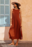 Fongt Spring And Summer New Casual Fashion Sleeveless Rounded Collar Solid Color Splicing Lace Fork In The Long Dress Woman