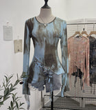 Irregular Tie With Lotus Leaf Side Tie Print Mesh Yarn Perspective Sunscreen Shirt T-Shirt T-Shirt Short T-Shirt