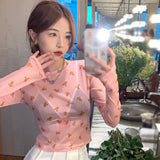 Print Summer Mesh Sunscreen Long Sleeves Women's Crop Top O Neck-Outfit