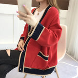 Women Knitted Korean Fashion Patchwork Sweater Long Sleeve V-neck Casual Office Lady Baggy Elegant College Tender