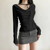 Fongt 2024 Winter Women's Solid Color Slim And Sexy V-Neck Long Sleeve Strap T-Shirt-Outfit
