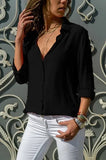 Long Sleeve Solid V-Neck Chiffon