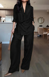 Fongt New Women's Long-Sleeved Folding Leisure Loose Broad-Legged Camel Suit