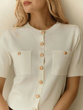 Fongt Simple Elegant Double Pocket Metal Buckle Knitted Top Temperament Round-Neck Cardigan