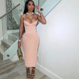Women Sexy Spahgetti Strap Solid Elegant Maxi Low Neck Body-Shaping Cleavage Skirt Party Clubwear Female