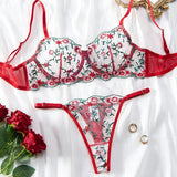 Sheer Lace Foliage Embroidered Lingerie Set-Outfit
