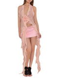 Women 3D Flower Halter Backless Dress Deep V-neck Irregular Hem Ruffles Tassels Split Club Beach Female Vestidos 2023-Outfit