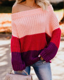Fongt And Winter Women's One Word Collar Loose Splicing Color Knit Jumper Sweater