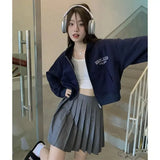 Harajuku Y2K Letter Zip Up Hoodies Women Korean Style Hippie Gray Cropped Sweatshirts Oversize Kpop Long Sleeve