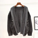 Autumn 2022 Loose Sweater Stitching Denim Coat Women's Long Sleeve Knitted Cardigan Korea Jacket Women Large Size